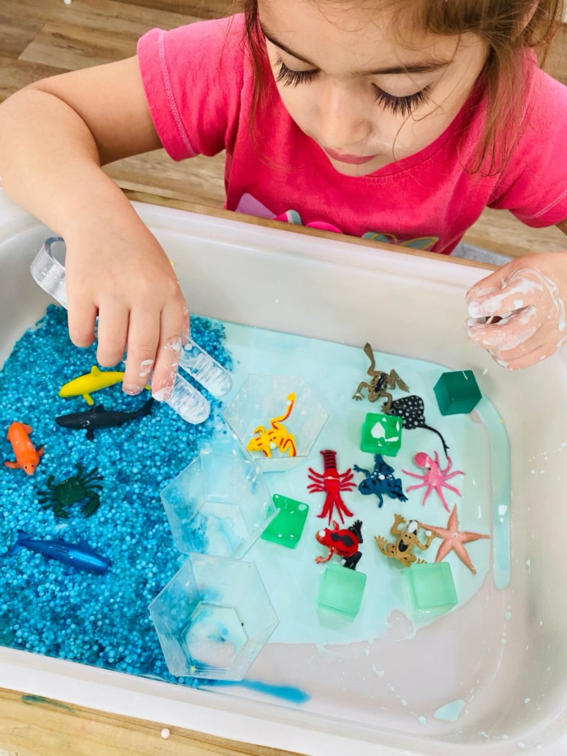 Child scooping sea creatures in an ocean sensory tray
